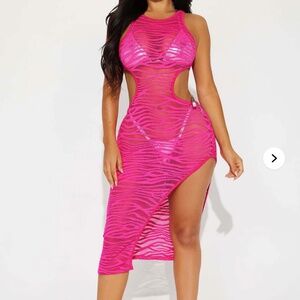 Fashion Nova Vacation Ready Zebra Fishnet Cutout Cover Up Dress - Fuchsia